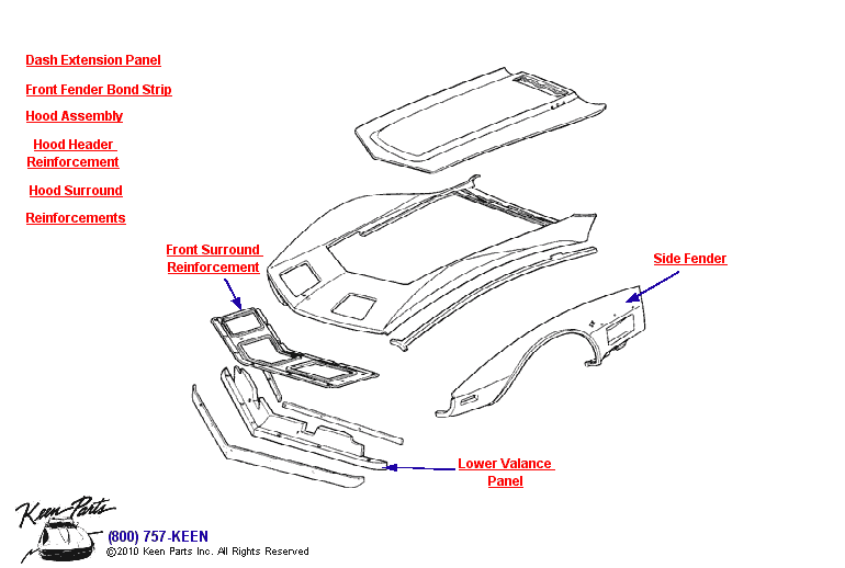Front Body Diagram for a 1958 Corvette