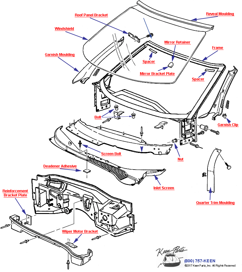 Windshield Trim and Hardware Diagram for a 1955 Corvette