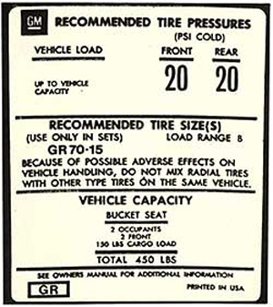 Corvette Tire Pressure Decal On Door GR (Green)