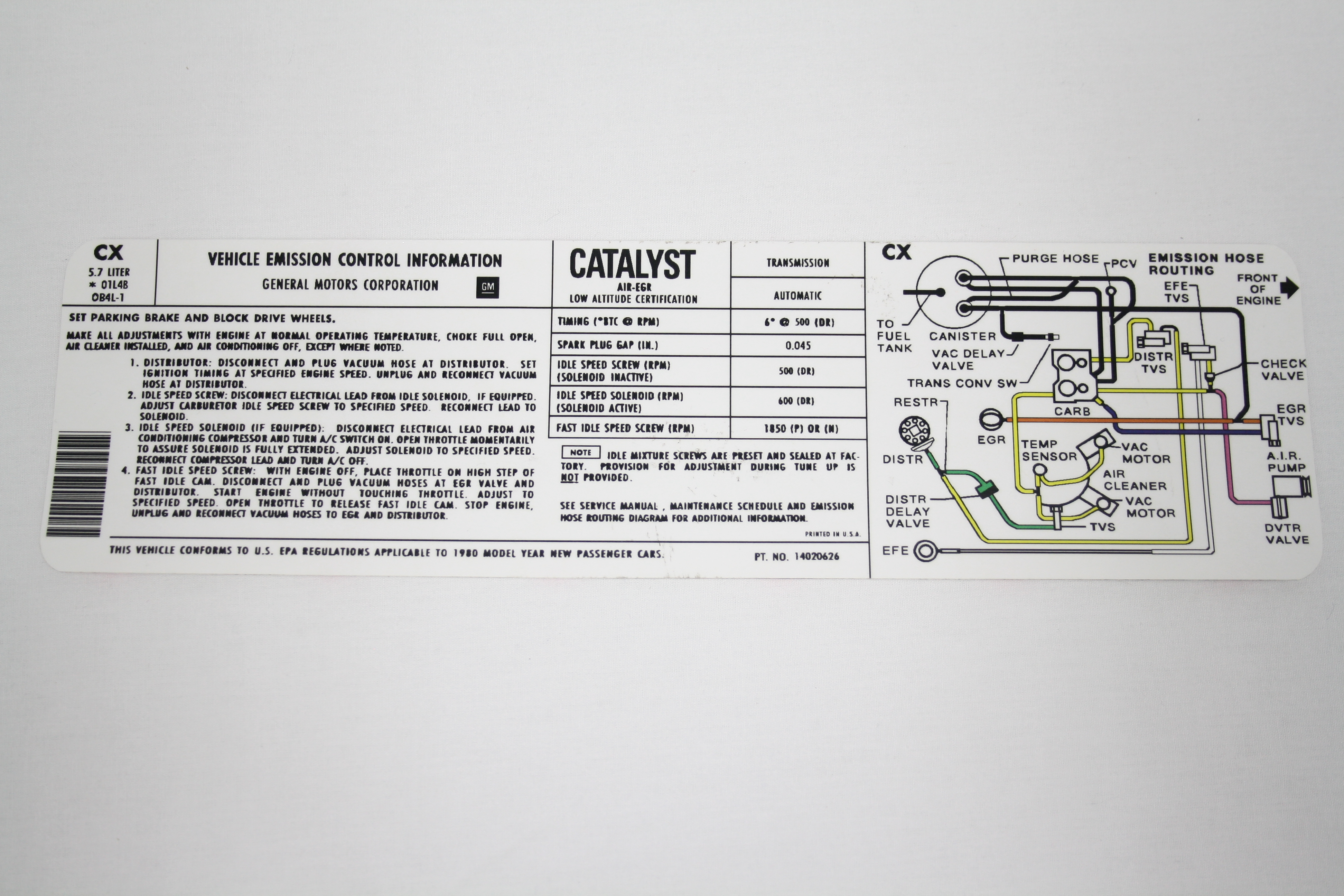 Corvette Emission Decal L48 350 Automatic Transmission